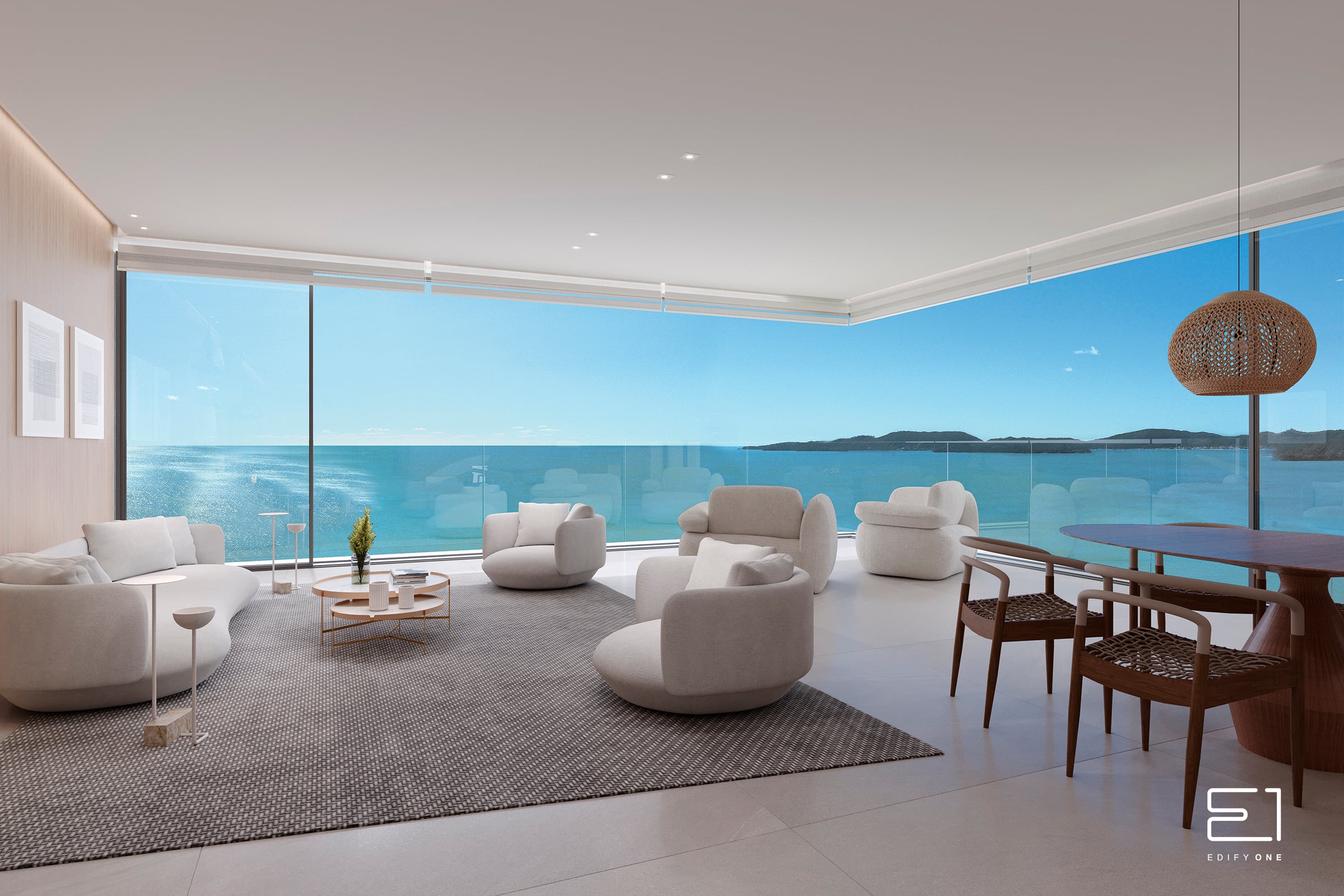 Living integrado do Edify One com abertura total para o mar