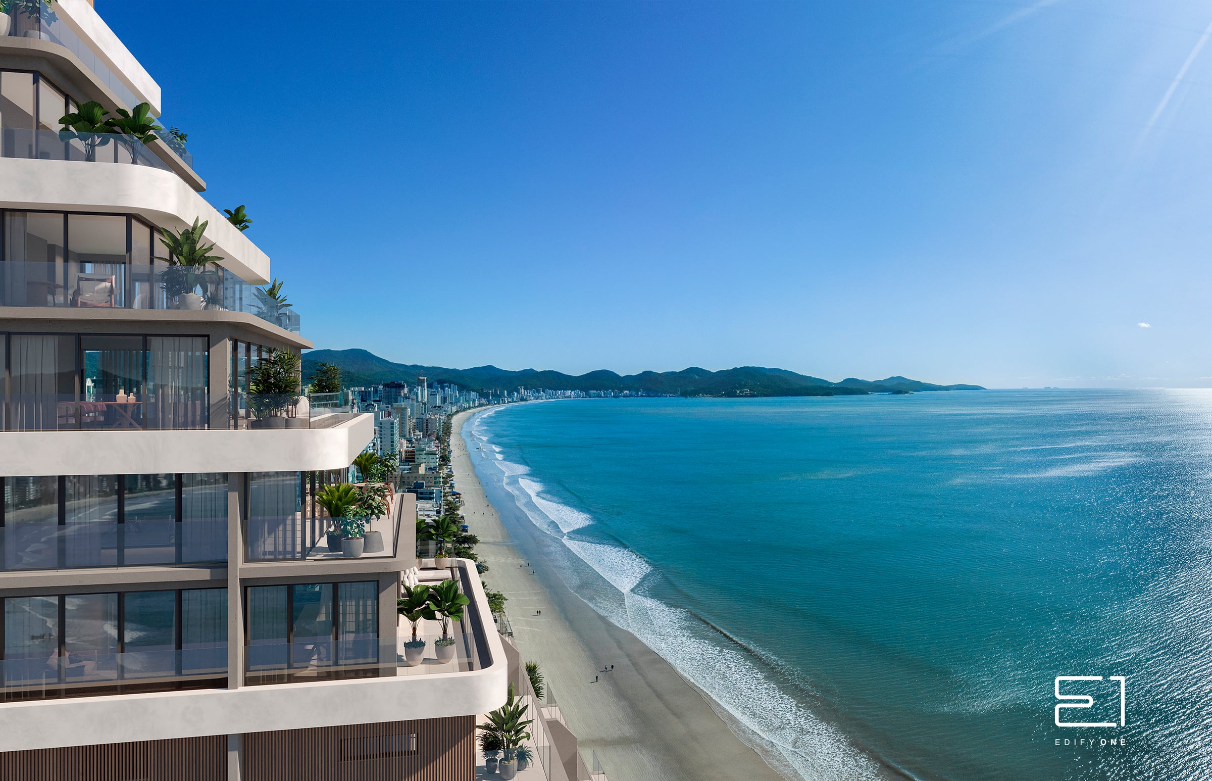 Sacada do Edify One com vista panorâmica para o mar e a orla de Itapema